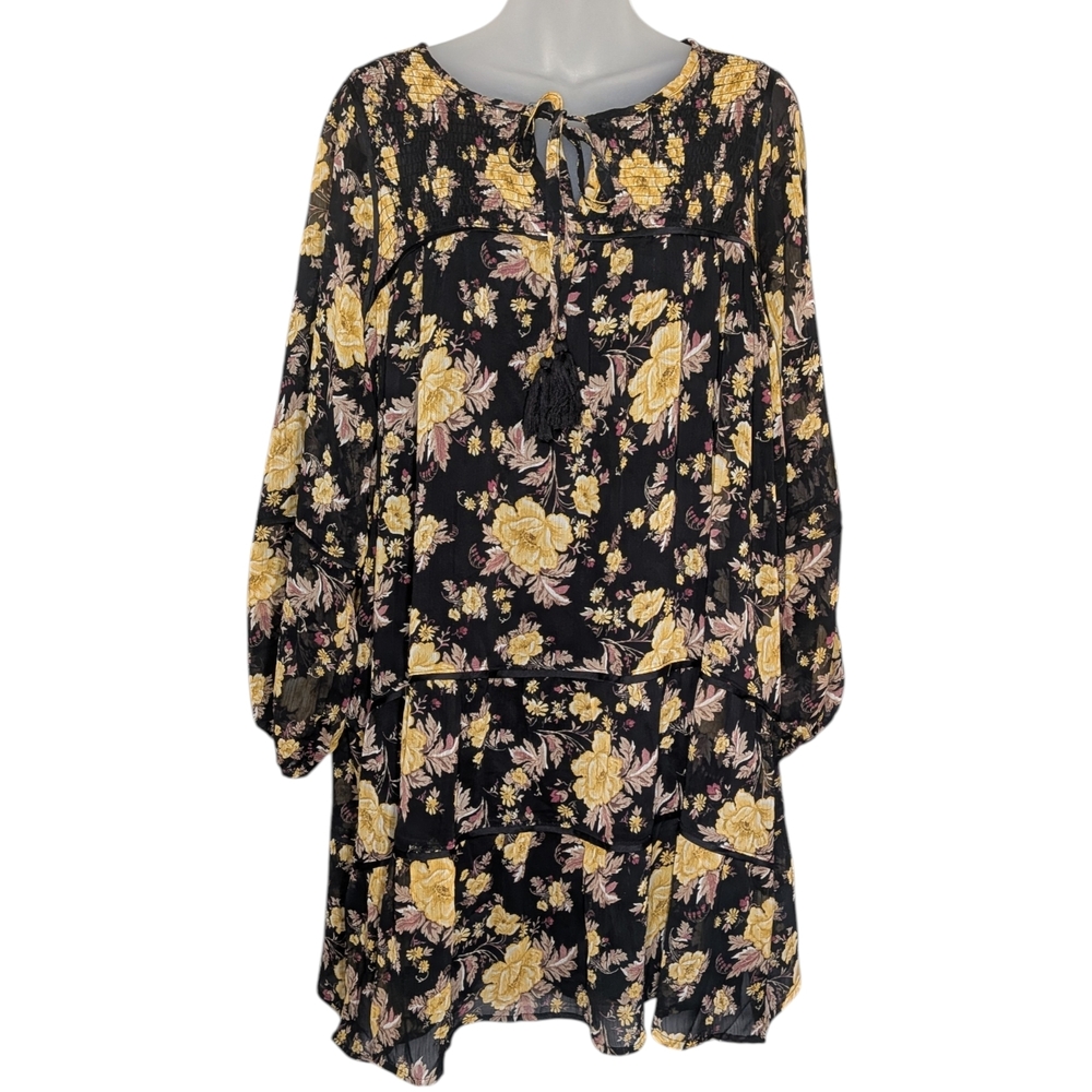 Laurel Grey Floral Boho Peasant Dress L Tiered Long Sheer Sleeve Cottagecore